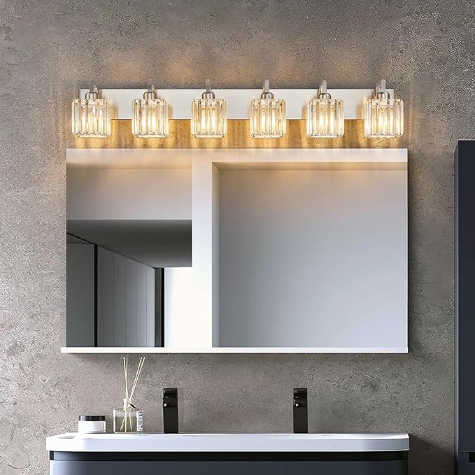 FDPBY Modern Bathroom Vanity Light 6-Lights Brushed Nickel Vanity Light Crystal Wall Light Bathroom Light Fixtures