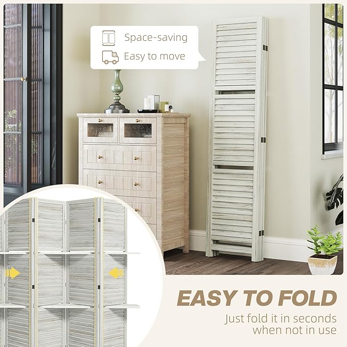 HOMCOM Room Divider, 5 Panel 67" Tall Wood Privacy Screen with 3 Display Shelves, and Folding Storage for Bedroom or Home Office, Distressed White