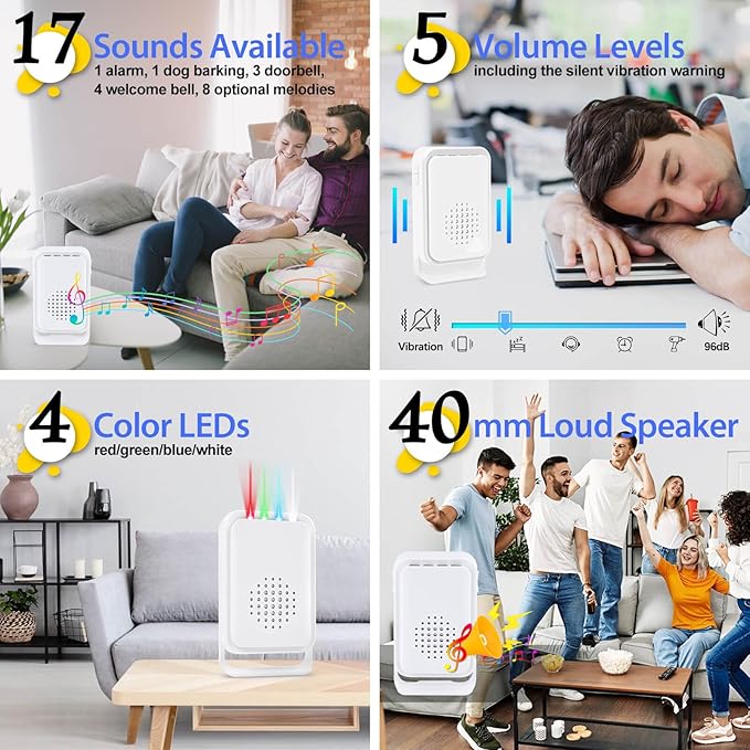 Cruxer Motion Sensor Alarm,Wireless Motion Detector Door Chime Doorbell for Home Store Business,Caregiver Reminder for Elderly,USB/Battery,Vibration