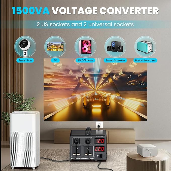 1500W Voltage Converter Transformer(110V to 220V or 220V to 110V) Step Up/Down Converter 110/120 Volt - 220/240 Volt w/US Power Cord,Circuit Breaker Protection, LCD Screen Display, Manual Setting
