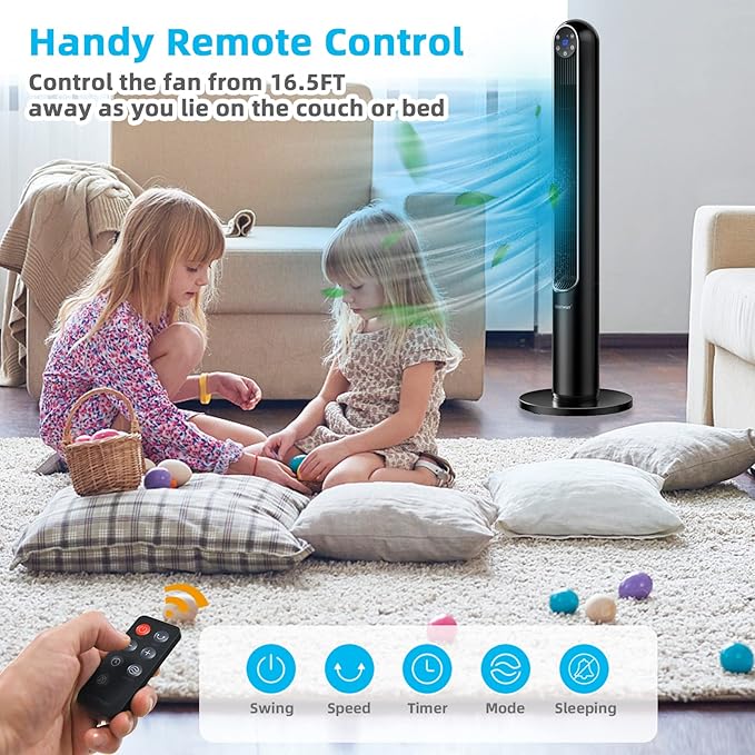 GOFLAME Tower Fan with Remote Control, 42" 80° Oscillating Quiet Cooling Fan with 3 Wind Modes, LED Control Panel and 12H Timer, Portable Bladeless Standing Fan for Bedroom Living Room Office (Black)