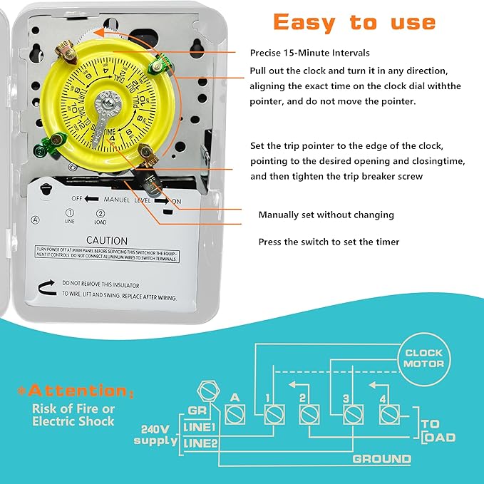T101 Mechanical Time Switch,120 VAC 2HP 40A SPST,12 ON/Off 24 Hour Mechanical Time Switch,Heavy Duty, Manual Override,Indoor Metal Enclosure,for Lights, Pumps, Fans, and HVAC Systems