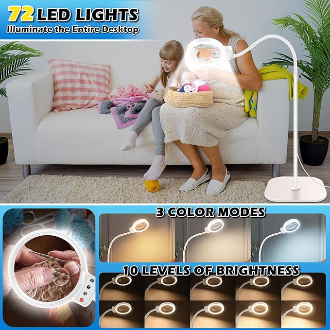 30X 10X Large Floor Magnifying Glass with Light and Stand,72 LED Flexible Gooseneck Floor Magnifying Lamp,2 in 1 Lighted Magnifiers for Close Work, Sewing,Crafts,Hobbies（White）