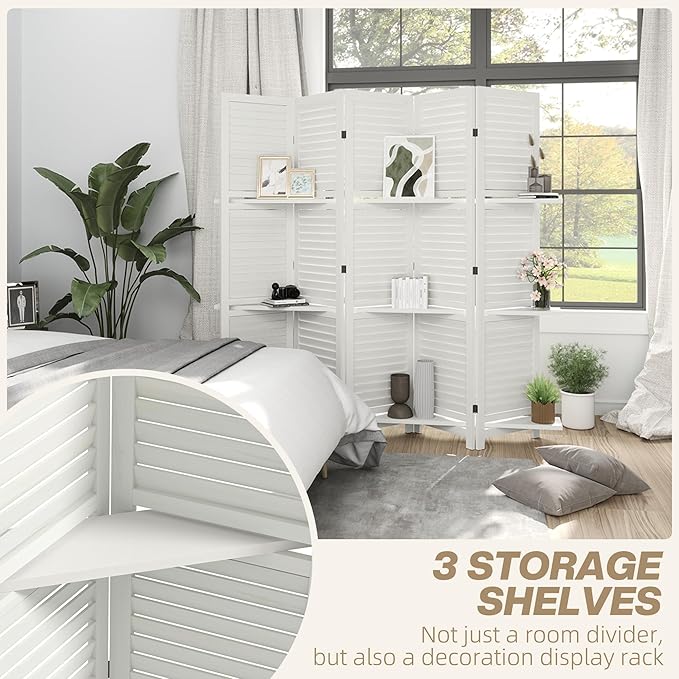 HOMCOM Room Divider, 5 Panel 67" Tall Wood Privacy Screen with 3 Display Shelves, and Folding Storage for Bedroom or Home Office, White