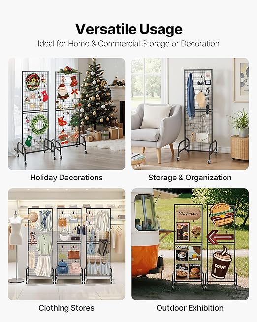 VEVOR 3 Packs Grid Wall Panels, 1.9 x 5.4 ft Wire Grid Panels Display Rack, Movable Art Display Shelf with Wheels and 30 Hooks, Black Carbon Steel Gridwall for Craft Show, Decor, Storage, Notice Board