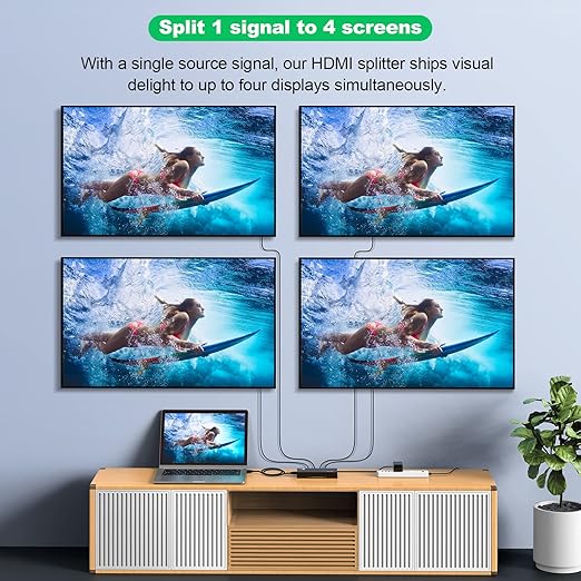 HDMI Splitter 1 in 4 Out, JCHICI HDM1 Switcher Splitter 4K@60Hz 4:4:4, HDMI Spliter for Dual Monitors, EDID Control, Compatible with Xbox PS4 Blu-Ray Player HDTV (1 Source onto 4 Displays)