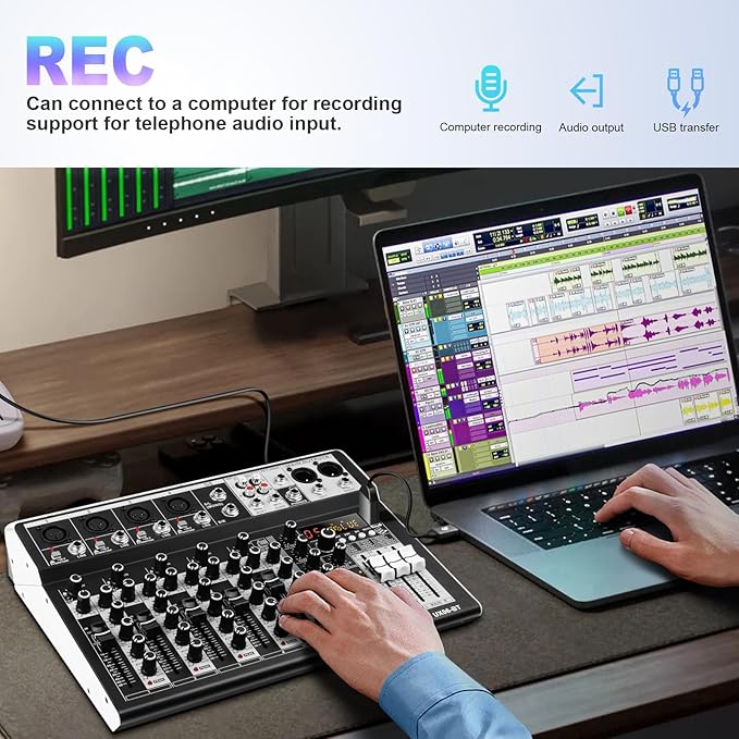 6 Channel Audio Interface Sound Board Mixing Console 16-Bit DSP DJ Mixer Audio Reverb Effect +48V Phantom Bluetooth Studio Audio Mixer For Karaoke Studio Streaming Recording