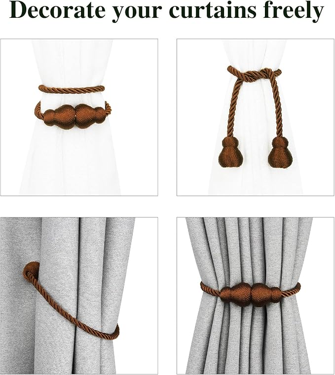 Nieffeiy Magnetic Curtain Tiebacks Outdoor Curtain Tie Backs Rope Decorative Magnetic Curtain Holders for Drapes Window Treatment Holdbacks, Coffee 6Pack