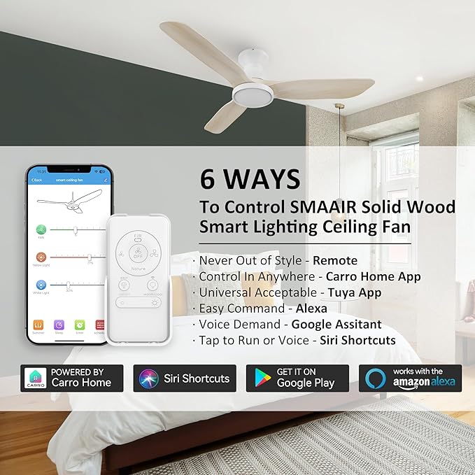 SMAAIR Smart Ceiling Fans with Lights Damp Covered, Solid Wood Flush Mount, Tri-Color Temperatures LED Dimmable,Quiet Reversible Motor, Works with Alexa|Google Assistant|Siri Shortcuts (52inch, White)