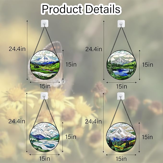 DASTOLL Stained Glass Window Hanging 4 Pcs Set Mountains Lake Green White Landscape Large 15" - Suncatcher Door Garden Sun Catcher Decor Birthday Christmas for Mom Woman Nana Men