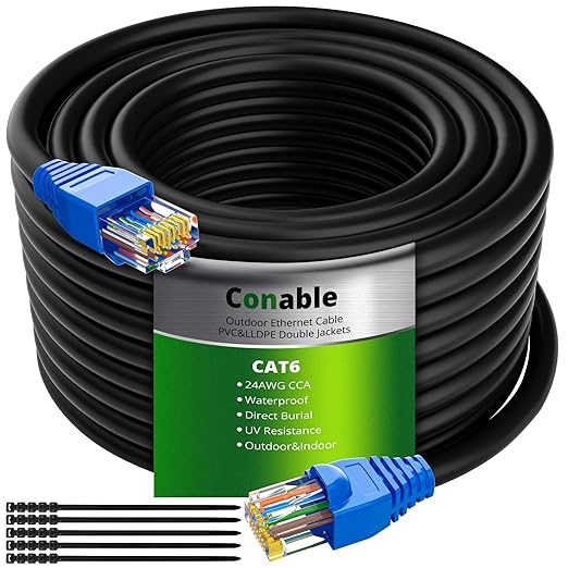 Cat6 Outdoor Ethernet Cable 100ft, Heavy Duty Double Jackets Internet Cord by Conable