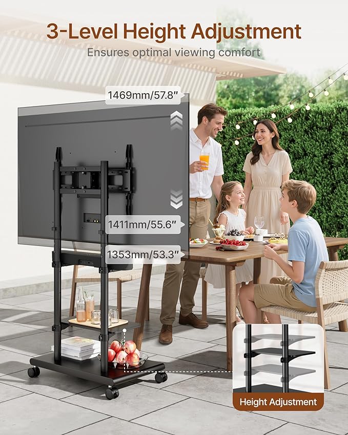 ECOTINY Steel Base Rolling TV Stand with Soundbar Mount for 37-75 inch TVs up to 154lbs, Swivel&Tilt Mobile TV Stand with Large Storage, Height Adjustable Heavy-Duty TV Cart, Max VESA 600x400mm, Black
