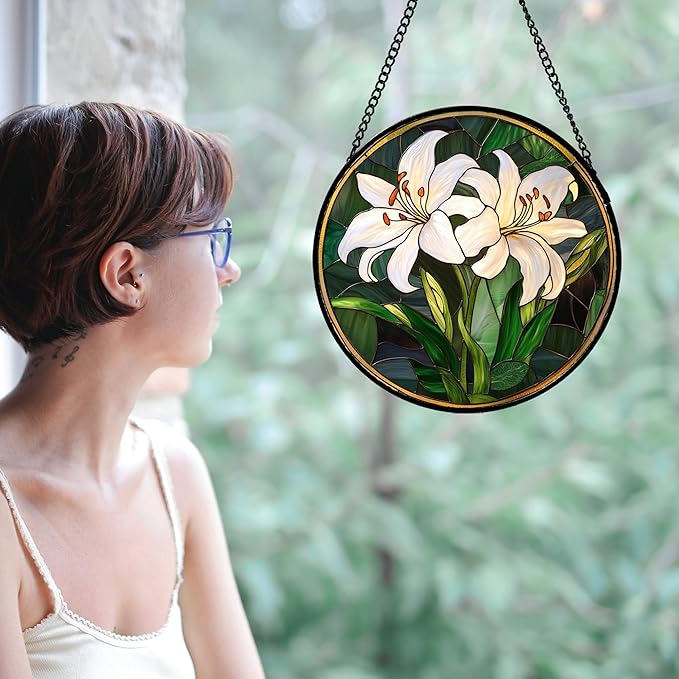 CRISGIF Stained Glass Window Hanging, White Lily Suncatcher for Door Garden Patio Birth Flower Green Plant Sun Catchers Decor Christmas Mother's Day Birthday Gifts for Women Mom Nana Friend 15 in