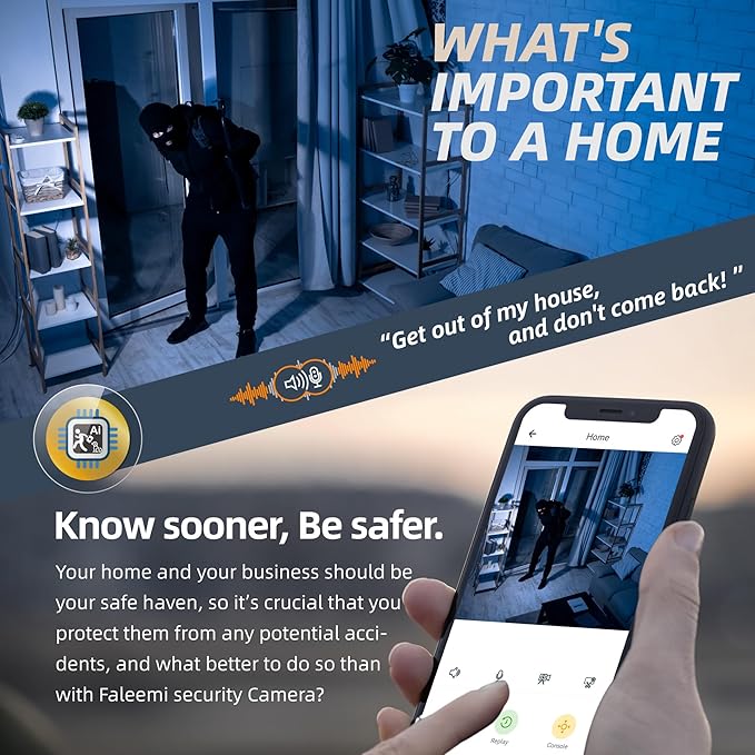 faleemi 2K WiFi Security Camera for Home with Cell Phone App Control, Color Night Vision, Ai Motion Detection, Auto Tracking, 2 Way Audio, Waterproof, Local/Cloud Storage, Compatible with Alexa