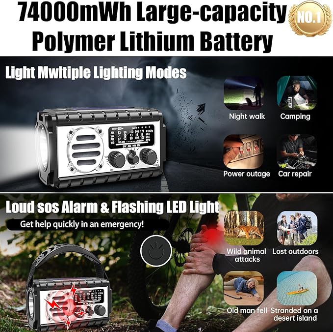 QAUYYW Emergency Radio, 20000mAh/74000mWh Weather Radio, Solar Hand Crank Radio with AM/FM/NOAA/SW Weather,Flashlight & Reading Lamp, SOS Alarm, Phone Charger for Indoor Outdoor Emergency
