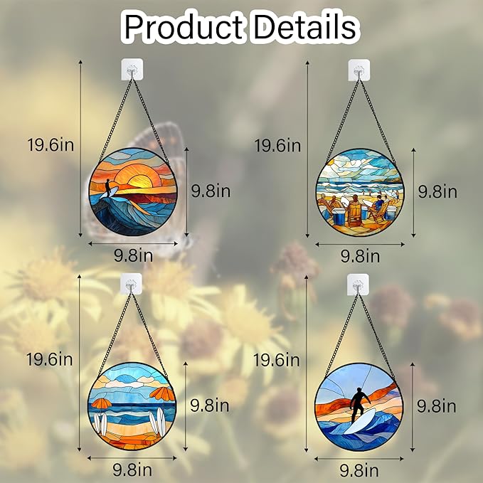 AMDERVEN Stained Glass Window Hanging 4 Pcs Set Blue Ocean Surfing Beach 9.8" - Suncatcher Door Garden Sun Catcher Decor Birthday Mother's Day for Firefighte Men Woman Nana Mom