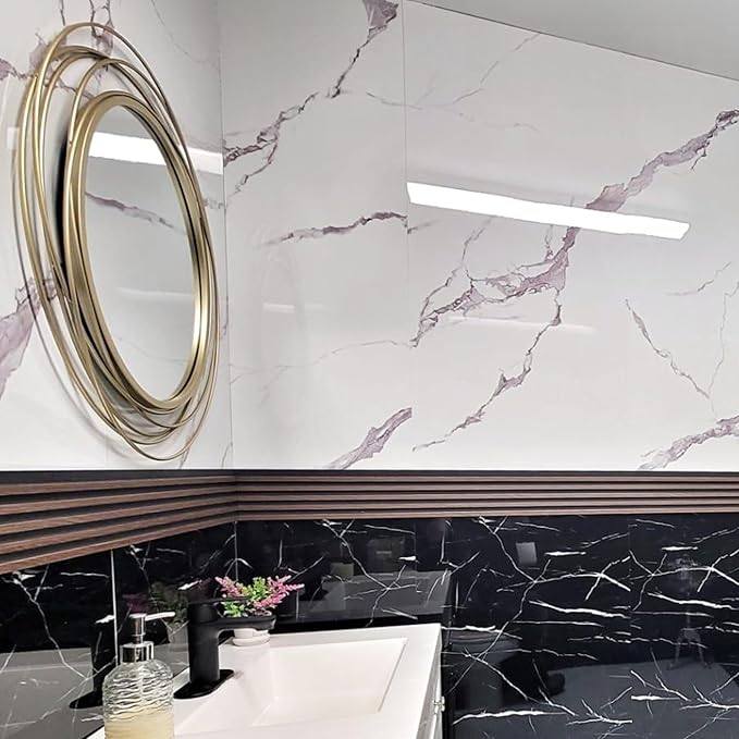 Dundee Deco Faux Marble Wall Panels - Sample - Glossy, Waterproof Indoor Wall Cladding - White, Grey Veins - Sample 6" x 6"