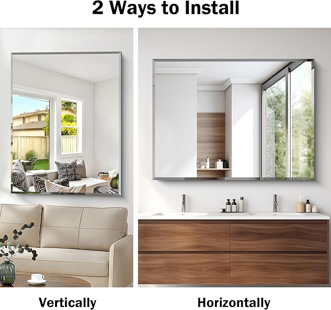 CILIBER Beveled Mirror, 36x48 Inch Large Frameless Bathroom Mirrors for Over Sink, Lightweight Design Beveled Frameless Vanity Mirror, Crystal-Clear 3mm Tempered Glass, Horizontally or Vertically