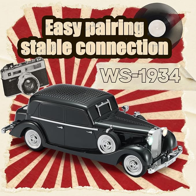 WS-1934 Retro Classic Car Bluetooth Replica Speaker – Wireless HD Sound with FM Radio,TWS Stereo,LED Party Lights,Built-in Microphone Hands-Free Call, Surprise Portable Gift for Party Use(Black)