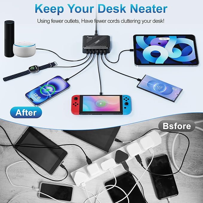 MaxLax 120W 6-Port USB Desktop Rapid Charging Station, 3 USB-C Ports + 3 USB-A Ports, PD & QC Smart Adaptive Charging, Compatible with MacBook/iPhone/Samsung/iPad and More(Black)