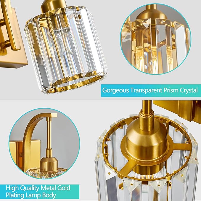 FDPBY 4-Light Crystal Vanity Light, Modern Gold Bathroom Wall Sconce with K9 Crystal Shades, 32.67" Long Over Mirror Lighting for Vanity, Makeup, Hallway, Elegant & Easy Install