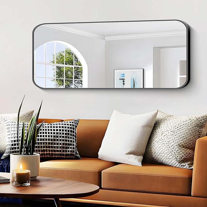 Bathroom Mirror, 48 x 24 inch Black Rectangle Wall Mirror, Metal Framed Rectangular Vanity Mirror, Rounded Corner Wall Mounted Mirror for Modern Bedroom Living Room Horizontal/Vertical
