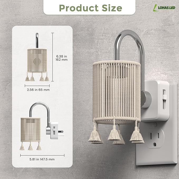 L LOHAS LED Night Lights Plug into Wall, Boho Fabric Cylinder Night Light with Tassel, 0-100LM Dimmable Night Lights, Dusk to Dawn Sensor, Vintage Nightlight for Bedroom, Living Room, Hallway