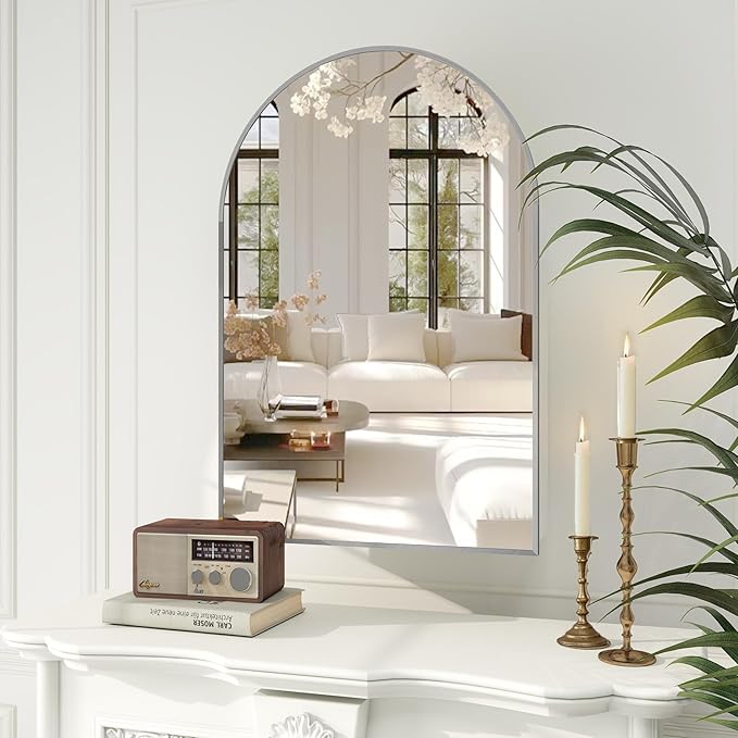 24x36 Inch Arch Bathroom Mirror Medicine,Cabinet,Brushed Silver Wall Mounted Bathroom Mirror with Storage,Adjustable Glass Shelves,Surface Mount Only,Mirrored Medicine Cabinets for Bathroom