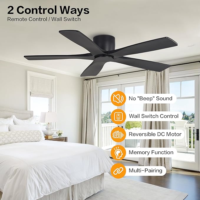 WINGBO 48" Flush Mount DC Ceiling Fans Without Lights, 5 Carved Solid Wood Blades, 6-Speed Reversible DC Motor, Low Profile Hugger Ceiling Fan No Lights for Living Room Bedroom Patio, Matte Black