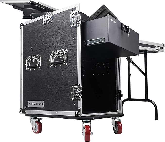 Sound Town Heavy-Duty 1/2" (12mm) Plywood 14U PA DJ Pro Audio Rack/Road ATA Case with 11U Slant Mixer Top, Locking Drawer, Side Table, 20’’ Rackable Depth and Casters (STMR-14TD3)