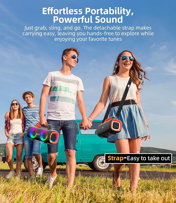 Portable Bluetooth Speaker Wireless,140W Peak Loud Sound with 2 Subwoofers and 2 Tweeters, Plus Bass Boost, IP65 Waterproof Outdoor Speaker, 24H Playtime, RGB Lights, TF/AUX/USB/Mic Input, Large Party