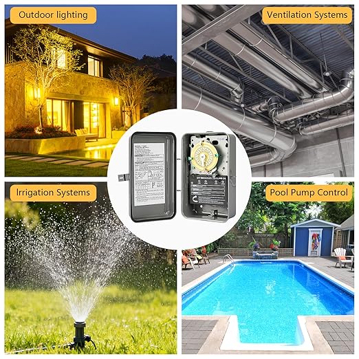 T104R 24-Hour Mechanical Time Switch, 208-277V, 40A, DPST, NEMA 3R Outdoor Steel Enclosure, Gray – Heavy Duty Timer for Pool Pumps, Heaters, and Industrial Motors