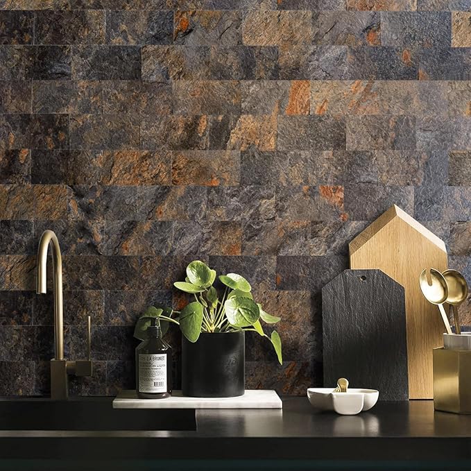 AULIGET Rustic Slate Peel and Stick Backsplash Wall Tile, 3" x 6" PVC Faux Stone Stick on Tiles, 4