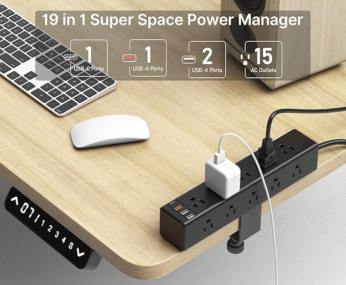 CCCEI Standing Desk Clamp Power Strip with 15 Outlets, Black Desktop Edge Mount Surge Protector Outlet, Fast Charging USB-A and 45W USB-C Ports, 4 FT Flat Plug, Black Fit 1.6 inch Table top.