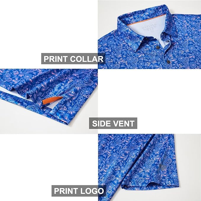 Golf Shirts for Men Dry Fit Short Sleeve Print Performance Moisture Wicking Polo Shirt