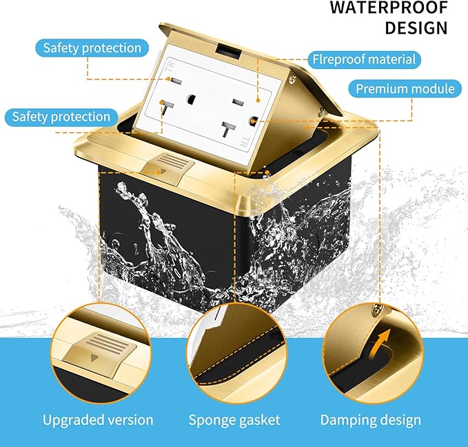 Vagueior Recessed Floor Electrical Outlet Kit,Waterproof Electrical Outlet Covcer Box,Hidden 20A Tamper-Resistant Receptacle Outlet,with Slow Elastic Damping，ETL Certified,Gold(1 Pack)