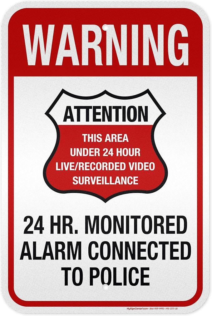 Warning 24 HR. Monitored Alarm Connected To Police Sign, 12x18 Inches, 3M EGP Reflective, Rust Free .063 Aluminum, Fade Resistant, Made in USA by My Sign Center
