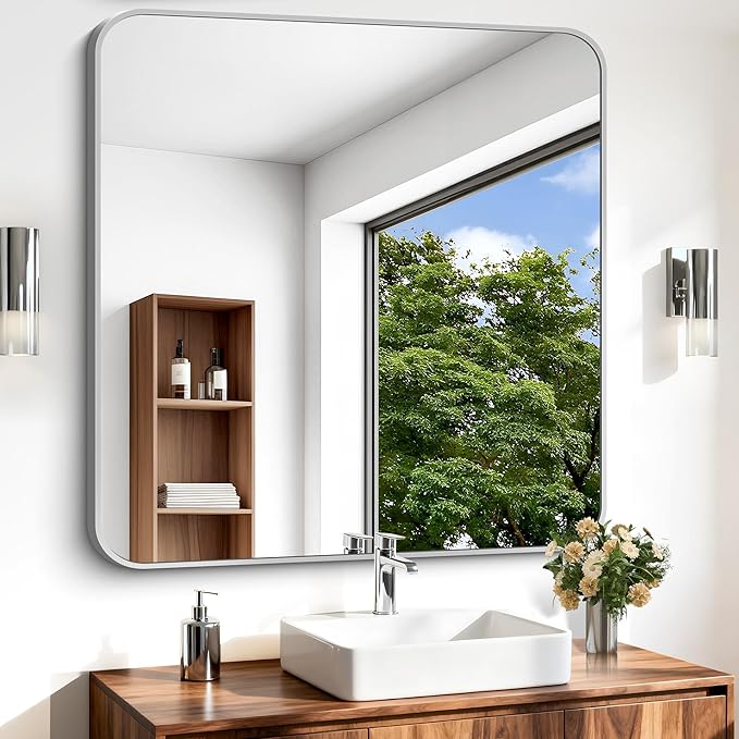 Silver Bathroom Mirror, 36 x 36 Inch Square Mirrors for Wall, Aluminum Metal Framed Vanity Mirror, Rounded Corner Wall Mounted Mirror for Over Sinks Living Room Bedroom Entryway