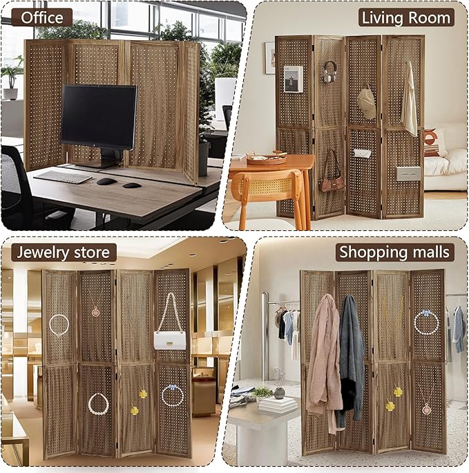 Leesinwing 4 Panel Wooden Room Dividers, 5.6FT High Plug-in Folding Screen Made of Natural Wood, Pegboard Display for Bedroom and Shopping Malls and Jewelry Stores, Dark Brown