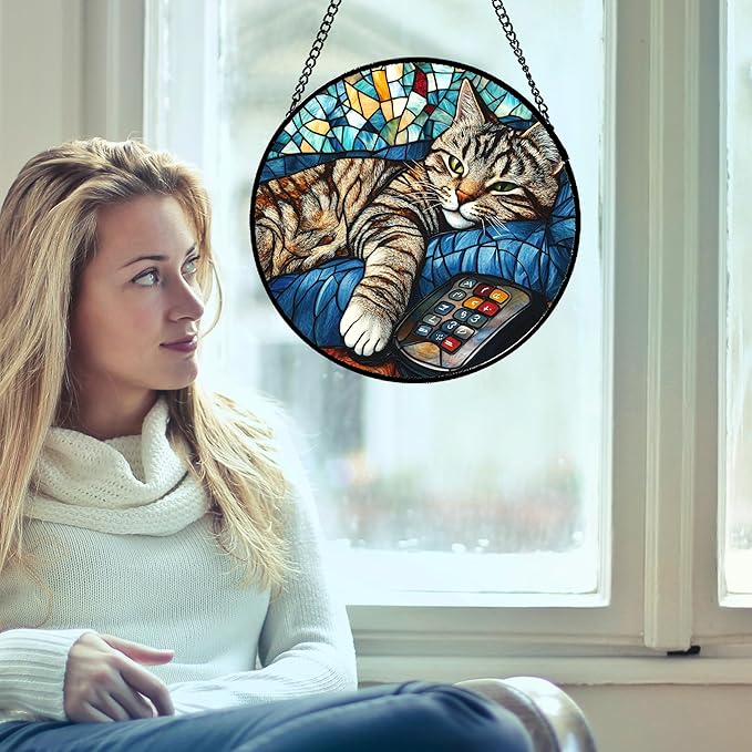 DASTOLL Stained Glass Window Hanging Gray Cat and Remote Control 9.8" - Suncatcher Door Garden Kitchen Sun Catcher Home Decor Birthday for Lost Pets Mom Men Woman Friend Grandma