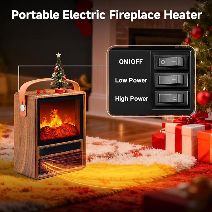 FLAME&SHADE Portable Electric Fireplace Heater for Indoor Use, Fire Place Heaters with 3D LED Flame, Overheat and Tilt Protection, Space Heater Small Fireplace for Home Office Decoration, Oak