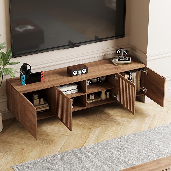NessCarsti Mid Century Modern TV Stand for 70 Inch TVs, 70.87" Walnut Console with Ample Storage – Stylish Entertainment Center for Living Room or Bedroom