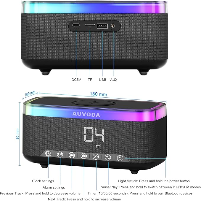 AUVODA S300 Portable Bluetooth Speaker with 15W Fast Wireless Charging, 13-Color Dimmable Night Light, White Noise, Alarm, FM Radio, 16W Stereo, BT5.3, TWS, for Home, Office, Bedroom (Black)