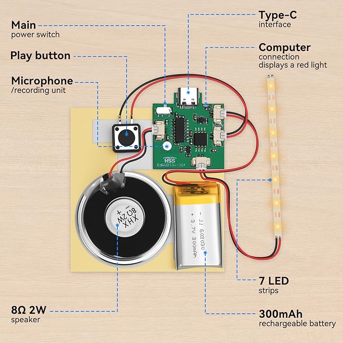 1PCS Customize Recording Module with LED Strip DIY Music Voice Recording Module Chip with Speaker,Type-C Cable,Capability16 Minutes Music for Personalized Greetings, Holiday Crafts Cards with Manual