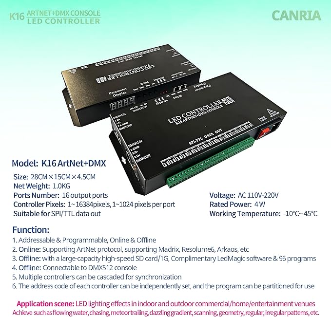 CANRIA K16 ARTNET+DMX CONSOLE LED CONTROLLER, Professional Lighting Control, Suitable for SPI TTL, Online Offline, Addressable Programmable, Perfect for Concerts, DJ Performances, Weddings, Event, etc