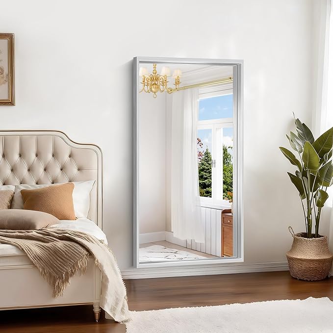 30x55 Silver Bathroom Mirror, Brushed Silver Rectangular Mirror for Wall, 0.6" Thickened Deep Frame Mirrors for Bathroom Sink, Shatterproof Tempered Glass, Antirust, Horizontally or Vertically