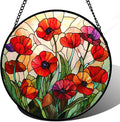 CRISGIF Stained Glass Window Hanging - Poppy Birth Flowers Suncatcher for Door Garden Yard Wildflowers Sun Catchers Decor Christmas Mother's Day Birthday Gifts for Women Mom Nana Friend 9.8 in
