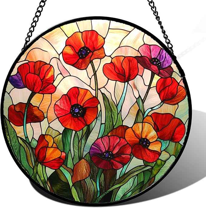 CRISGIF Stained Glass Window Hanging - Poppy Birth Flowers Suncatcher for Door Garden Yard Wildflowers Sun Catchers Decor Christmas Mother's Day Birthday Gifts for Women Mom Nana Friend 11.8 in