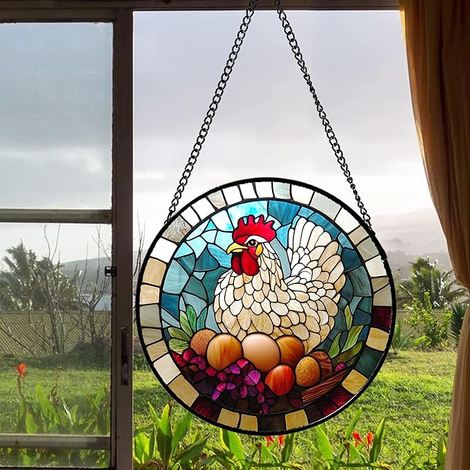 DASTOLL Stained Glass Window Hanging White Chicken Hatching Eggs 7.8" - Suncatcher Door Garden Sunroom Sun Catcher Home Decor Birthday Christmas for Mom Men Woman Nana