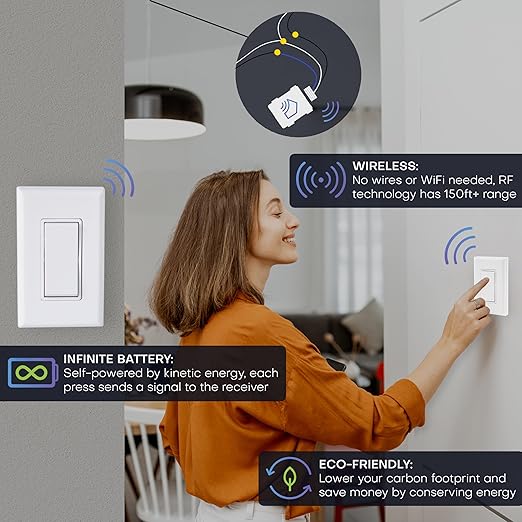 RunLessWire 3-Way Battery-Free DIY Wireless Light Switch Kit 150ft RF Range Self-Powered by Kinetic Energy for Hallways & Stairways: 2 Remote Switches Control 1 5A On/Off Receiver – Gray